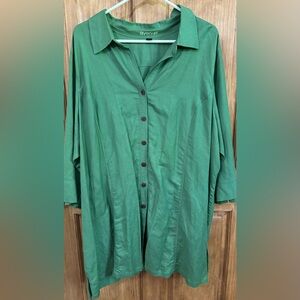 4X Avenue Linen Blend Tunic Top 26 28 Kelly Green Accent Stitching Button Down